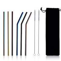 Customized Reusable Stainless Steel Drinking Straw Cleaning Brush Set of 9 Velvet Bag Packaging